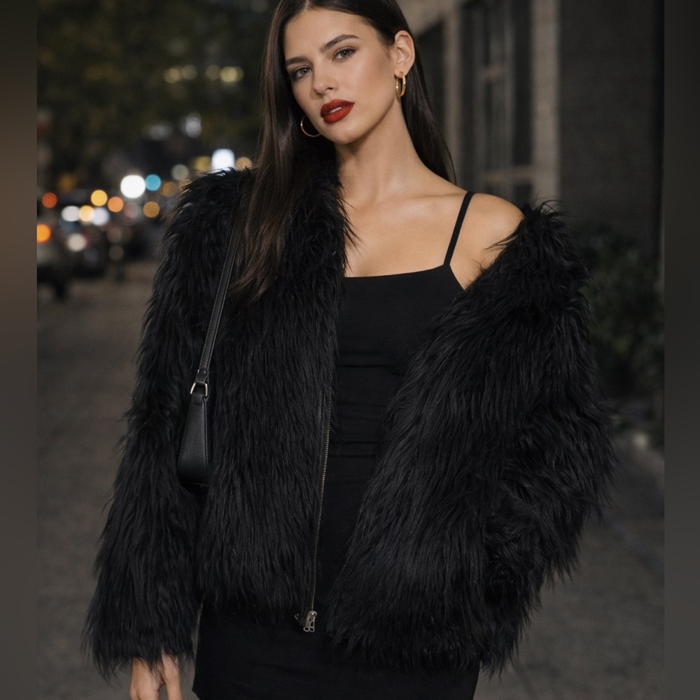 INC International Concepts Black Cropped Shaggy Jacket